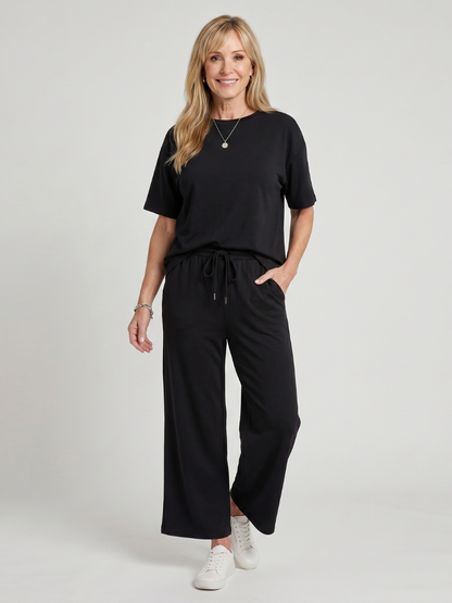 Wihel - Lightweight Short Sleeve Drawstring Waist And Straight Leg Pants Set