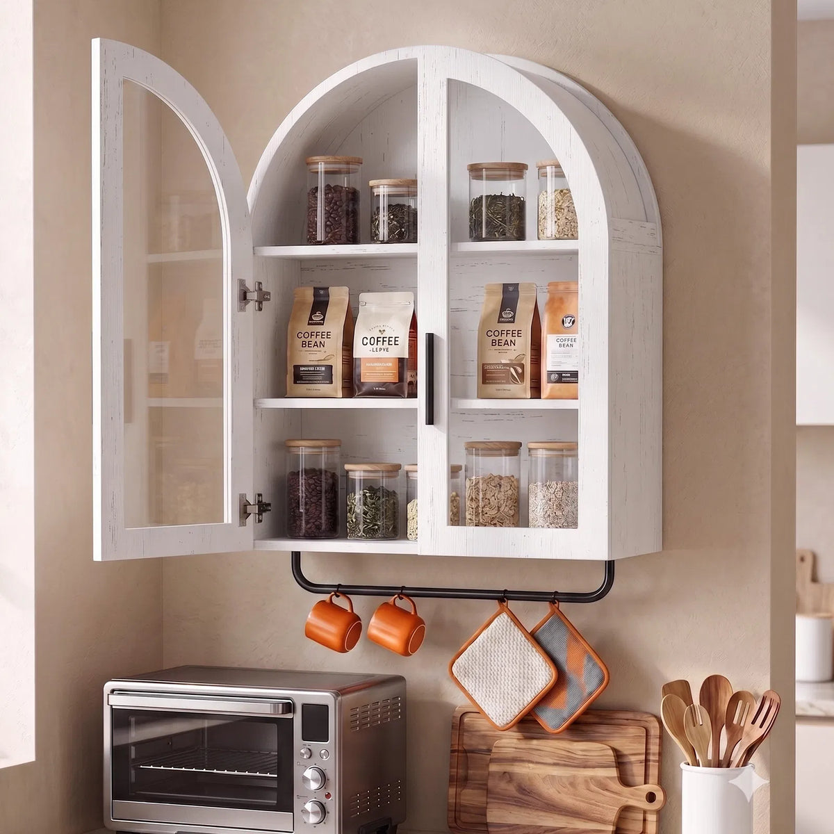 Arched Bathroom Wall Cabinet with Glass Doors