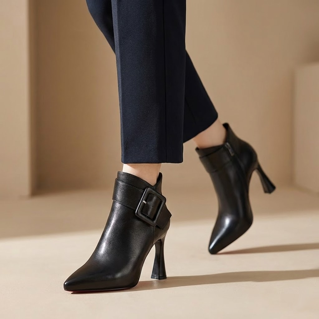 Signature Ankle Boots with Oversized Heel and Buckle - Elegant Comfortable Ankle Boots