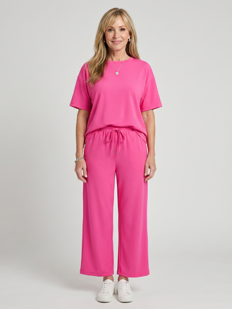 Wihel - Lightweight Short Sleeve Drawstring Waist And Straight Leg Pants Set