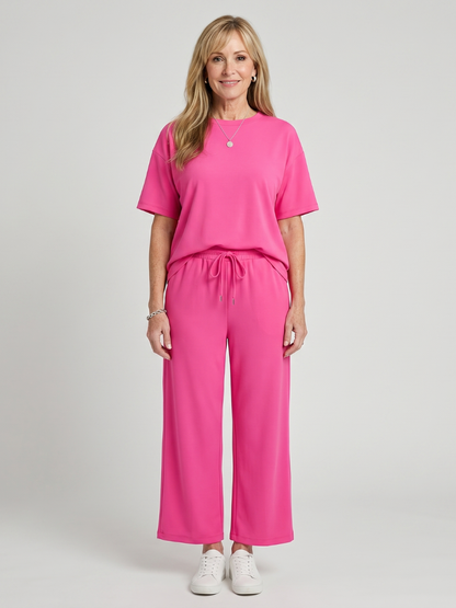 Wihel - Lightweight Short Sleeve Drawstring Waist And Straight Leg Pants Set
