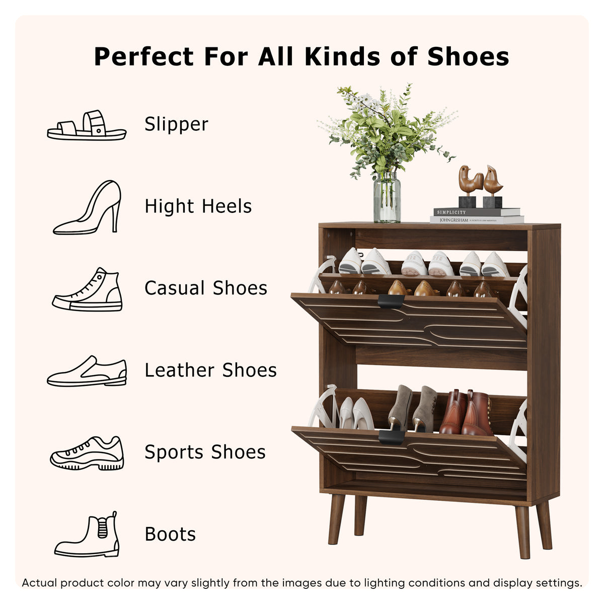 Mid-Century Modern 2-Tier Shoe Storage Cabinet – Walnut Wood Finish with Flip Drawers