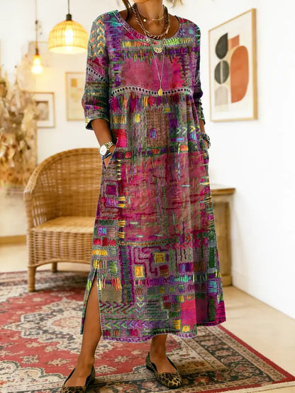 Manuela - Unique Free Denim Dress with Ethnic Patchwork