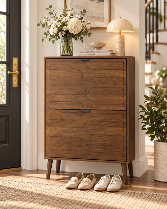 Mid-Century Modern 2-Tier Shoe Storage Cabinet – Walnut Wood Finish with Flip Drawers