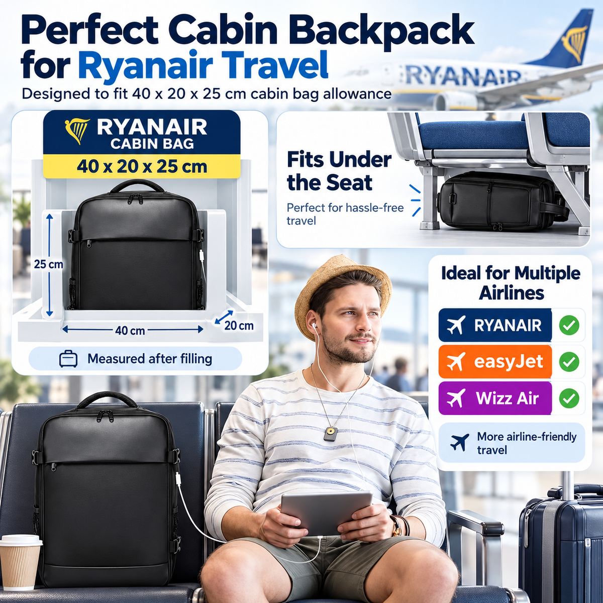 Cabin Travel Backpack – Carry-On Hand Luggage Bag with Laptop Compartment