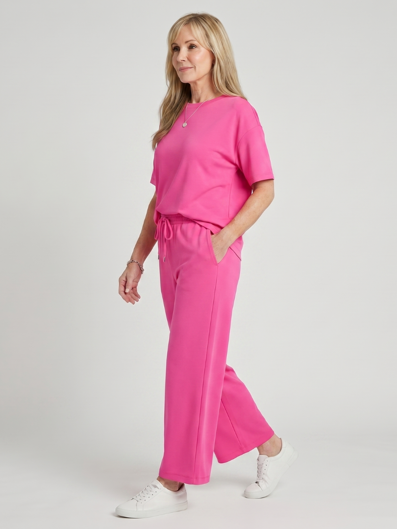 Wihel - Lightweight Short Sleeve Drawstring Waist And Straight Leg Pants Set
