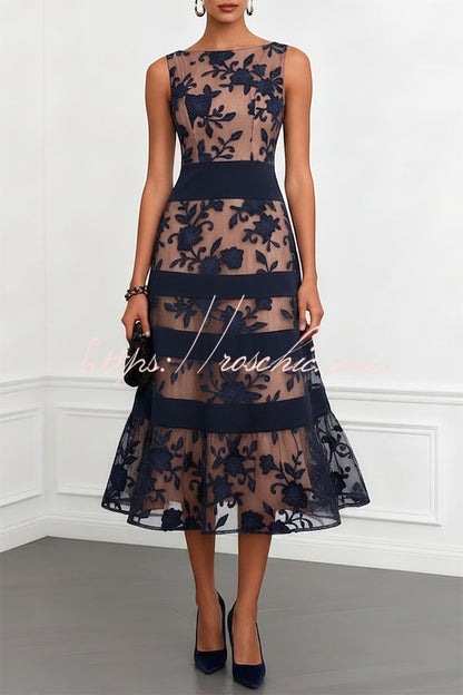 Rosmie Flower Mesh Lace Colorblock Boat Neck Sleeveless