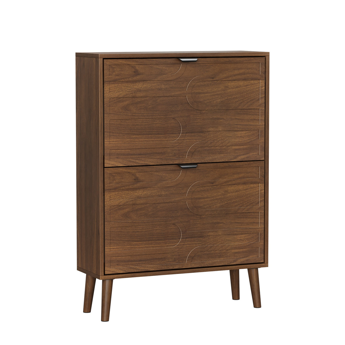 Mid-Century Modern 2-Tier Shoe Storage Cabinet – Walnut Wood Finish with Flip Drawers
