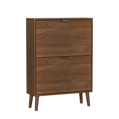 Mid-Century Modern 2-Tier Shoe Storage Cabinet – Walnut Wood Finish with Flip Drawers