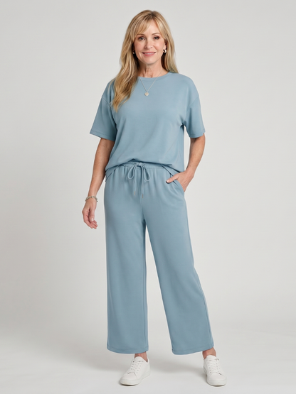 Wihel - Lightweight Short Sleeve Drawstring Waist And Straight Leg Pants Set