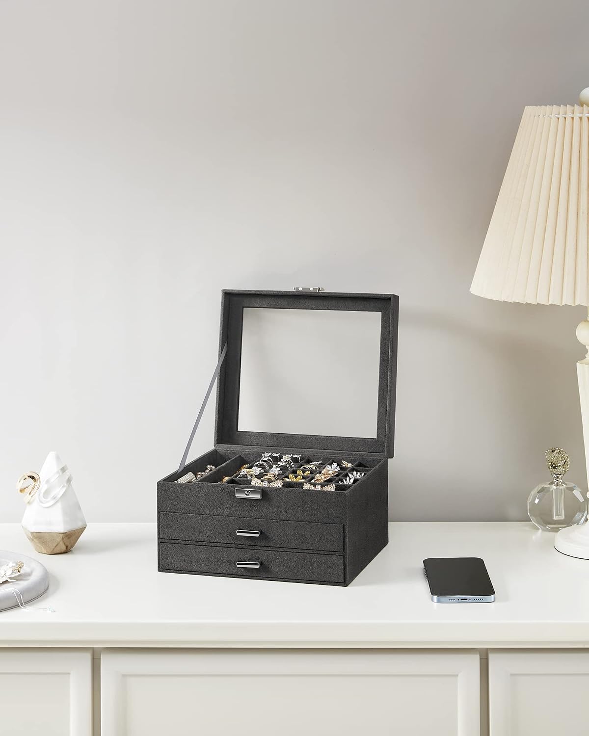 Jewelry Box, Lockable Jewelry Storage Organizer With Glass Window