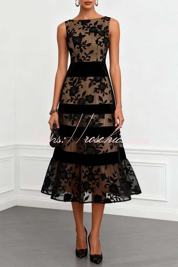 Rosmie Flower Mesh Lace Colorblock Boat Neck Sleeveless