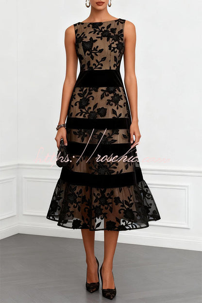 Rosmie Flower Mesh Lace Colorblock Boat Neck Sleeveless