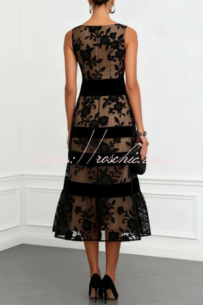 Rosmie Flower Mesh Lace Colorblock Boat Neck Sleeveless