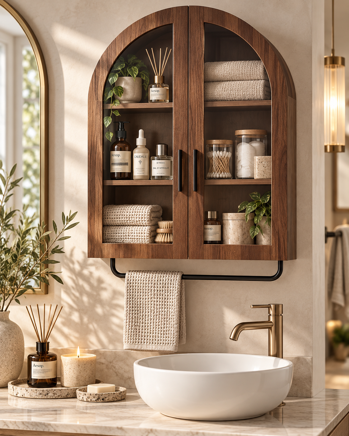 Arched Bathroom Wall Cabinet with Glass Doors