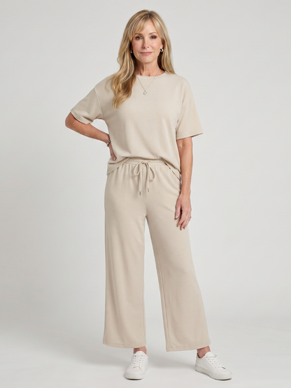 Wihel - Lightweight Short Sleeve Drawstring Waist And Straight Leg Pants Set