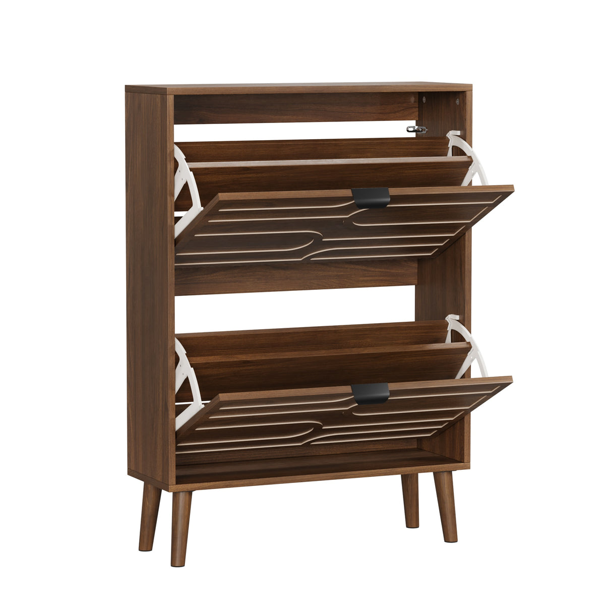 Mid-Century Modern 2-Tier Shoe Storage Cabinet – Walnut Wood Finish with Flip Drawers