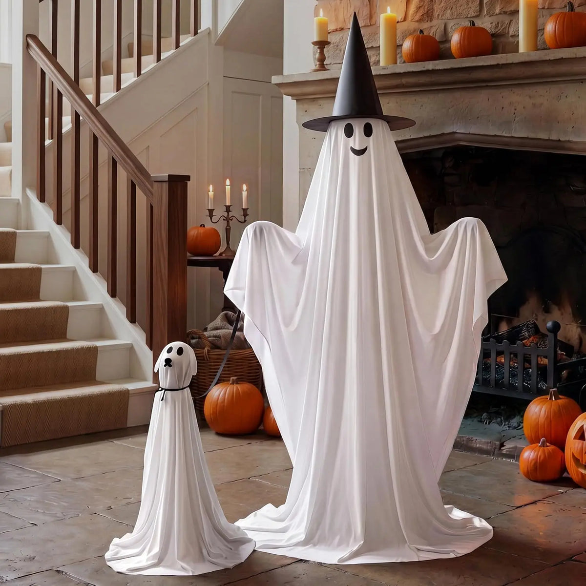 55" Standing Ghost & 23" Dog Ghost Halloween Decorations – 2-Piece Light-Up Outdoor Set