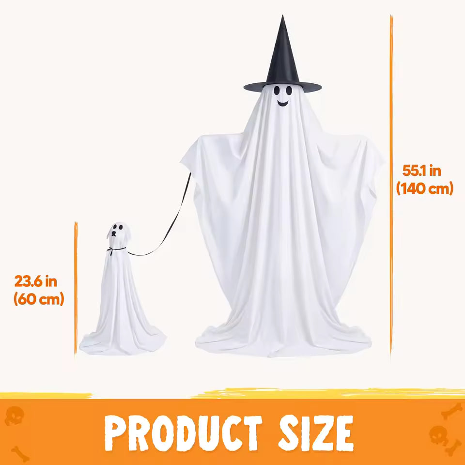 55" Standing Ghost & 23" Dog Ghost Halloween Decorations – 2-Piece Light-Up Outdoor Set
