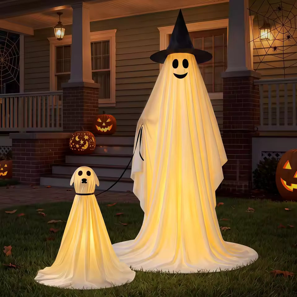 55" Standing Ghost & 23" Dog Ghost Halloween Decorations – 2-Piece Light-Up Outdoor Set