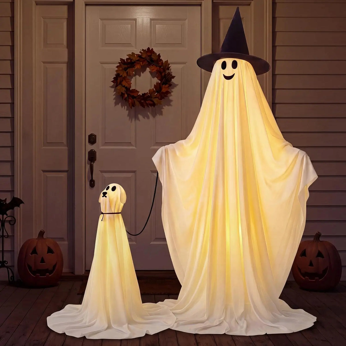 55" Standing Ghost & 23" Dog Ghost Halloween Decorations – 2-Piece Light-Up Outdoor Set