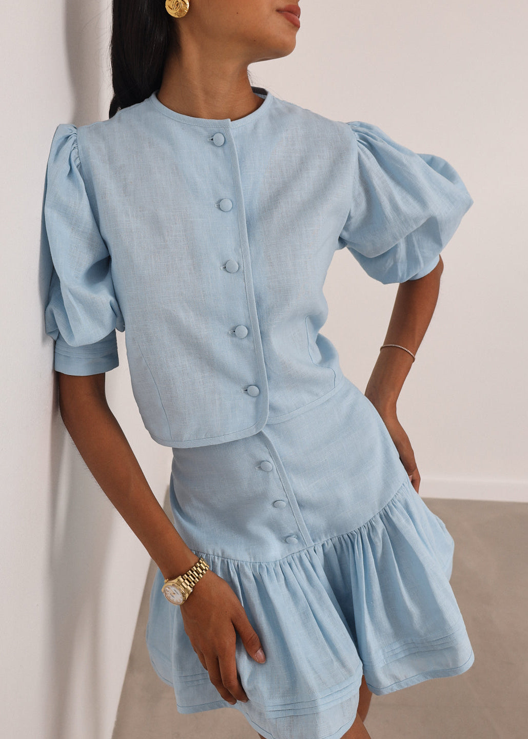 Linen Button-Up Blouse Laney - Elegant Pastel Blue Blouse