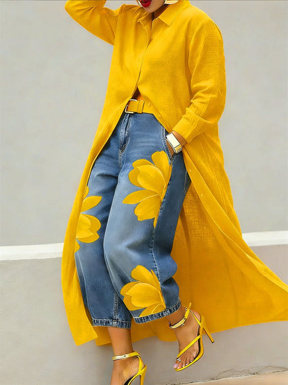 Red Flower - Comfortable Shirt Midi and Jeans Outfit