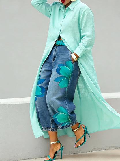 Red Flower - Comfortable Shirt Midi and Jeans Outfit