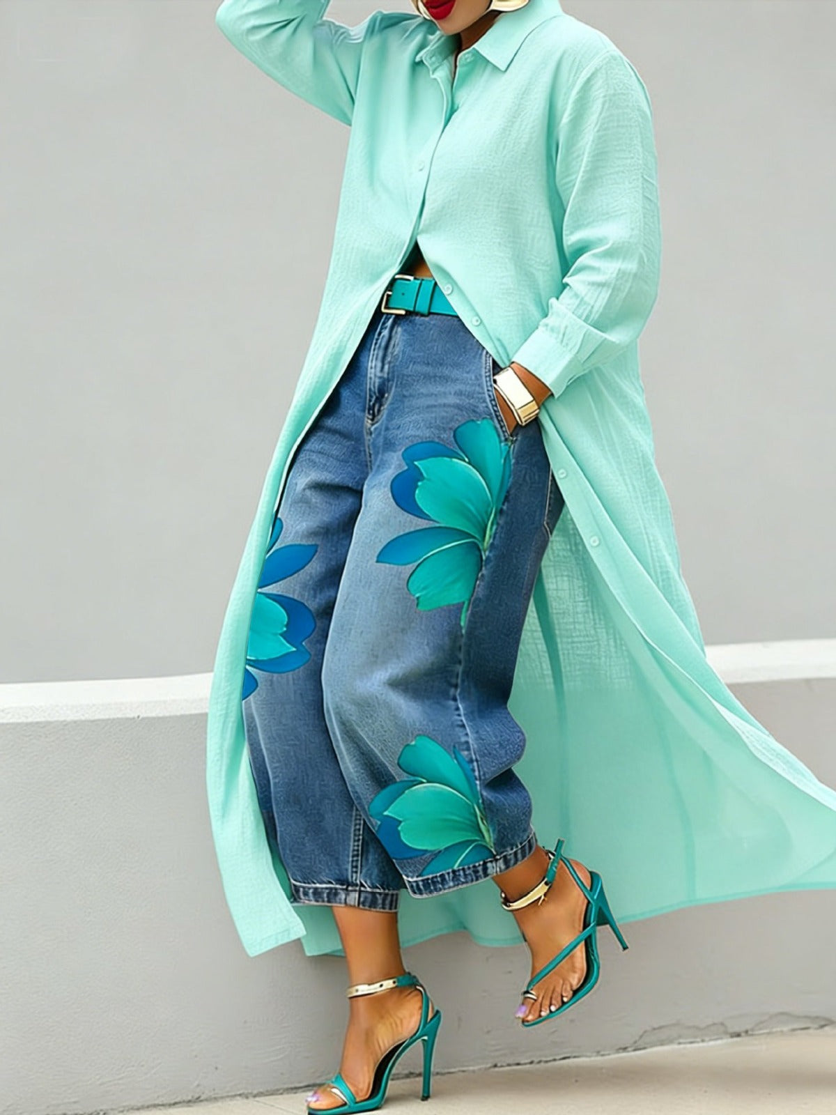 Red Flower - Comfortable Shirt Midi and Jeans Outfit