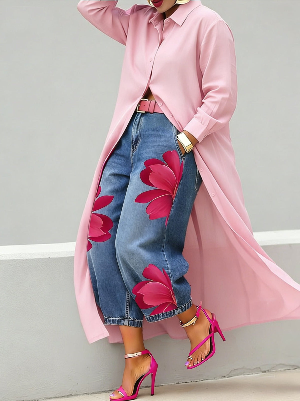 Red Flower - Comfortable Shirt Midi and Jeans Outfit