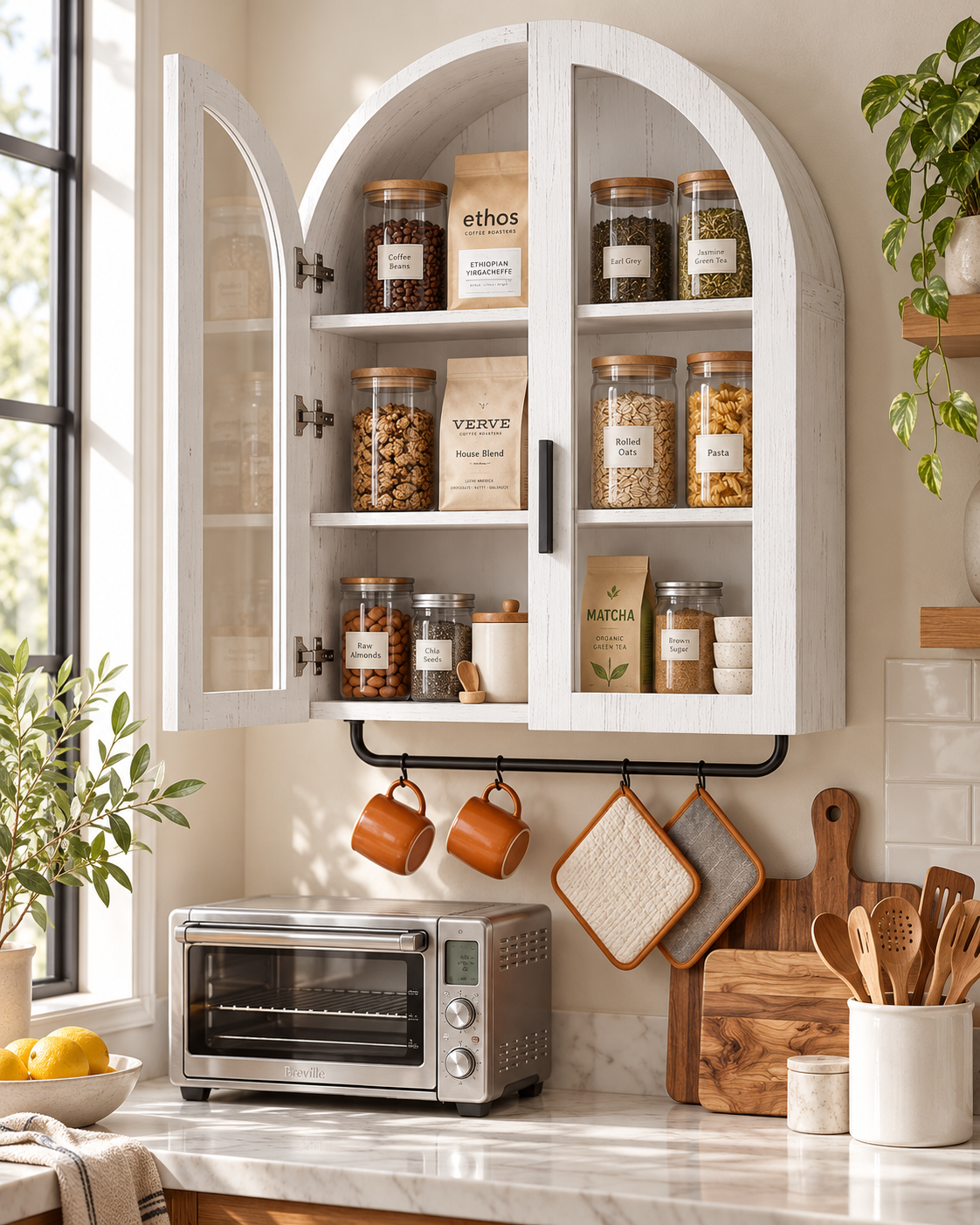 Arched Bathroom Wall Cabinet with Glass Doors