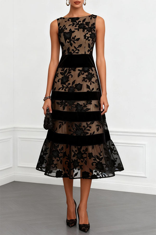 Rosmie Flower Mesh Lace Colorblock Boat Neck Sleeveless