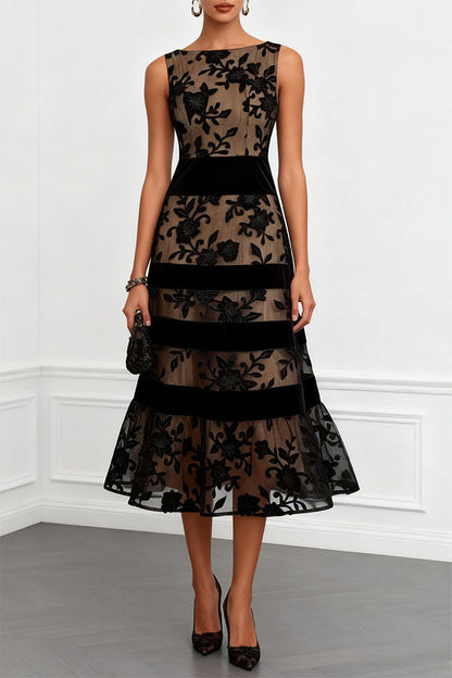 Rosmie Flower Mesh Lace Colorblock Boat Neck Sleeveless