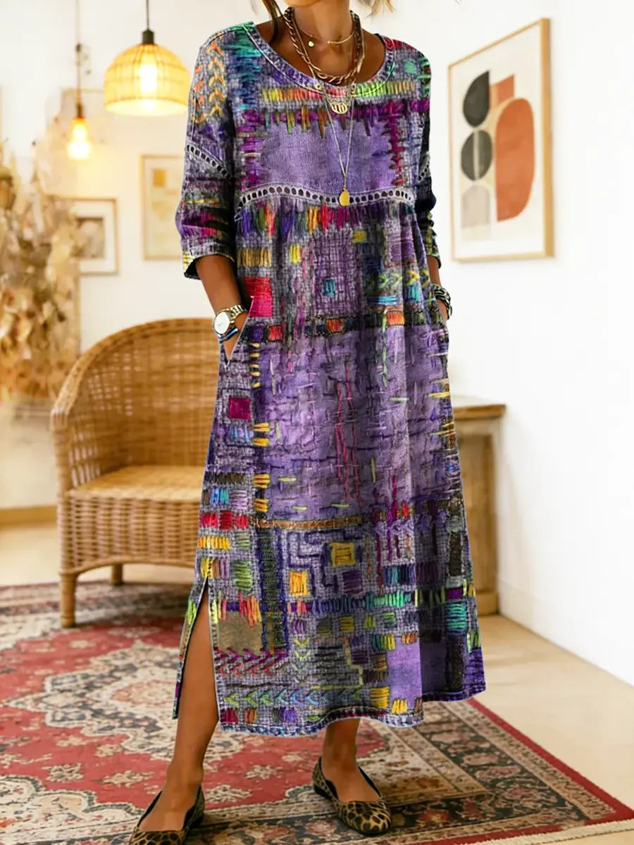 Manuela - Unique Free Denim Dress with Ethnic Patchwork