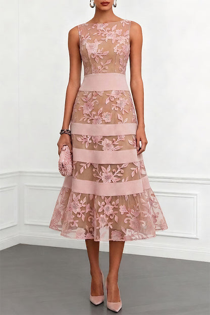 Rosmie Flower Mesh Lace Colorblock Boat Neck Sleeveless
