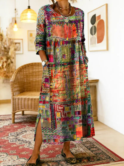 Manuela - Unique Free Denim Dress with Ethnic Patchwork