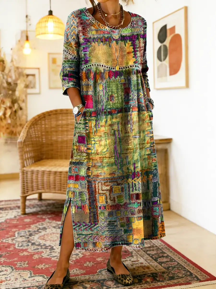 Manuela - Unique Free Denim Dress with Ethnic Patchwork