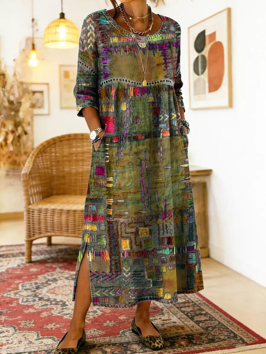 Manuela - Unique Free Denim Dress with Ethnic Patchwork