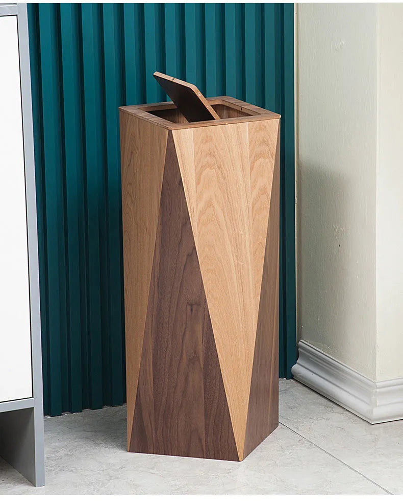 Wood-Grain Trash Can, Tapered Square Wastebasket with Flap Lid