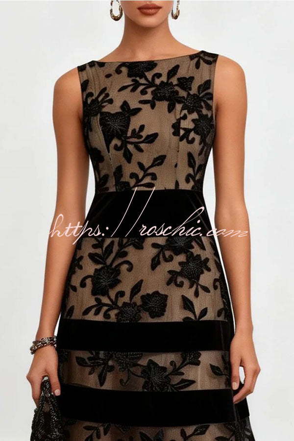 Rosmie Flower Mesh Lace Colorblock Boat Neck Sleeveless