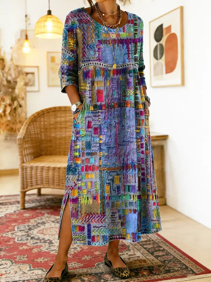 Manuela - Unique Free Denim Dress with Ethnic Patchwork