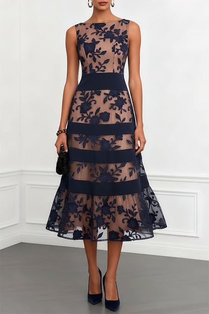 Rosmie Flower Mesh Lace Colorblock Boat Neck Sleeveless