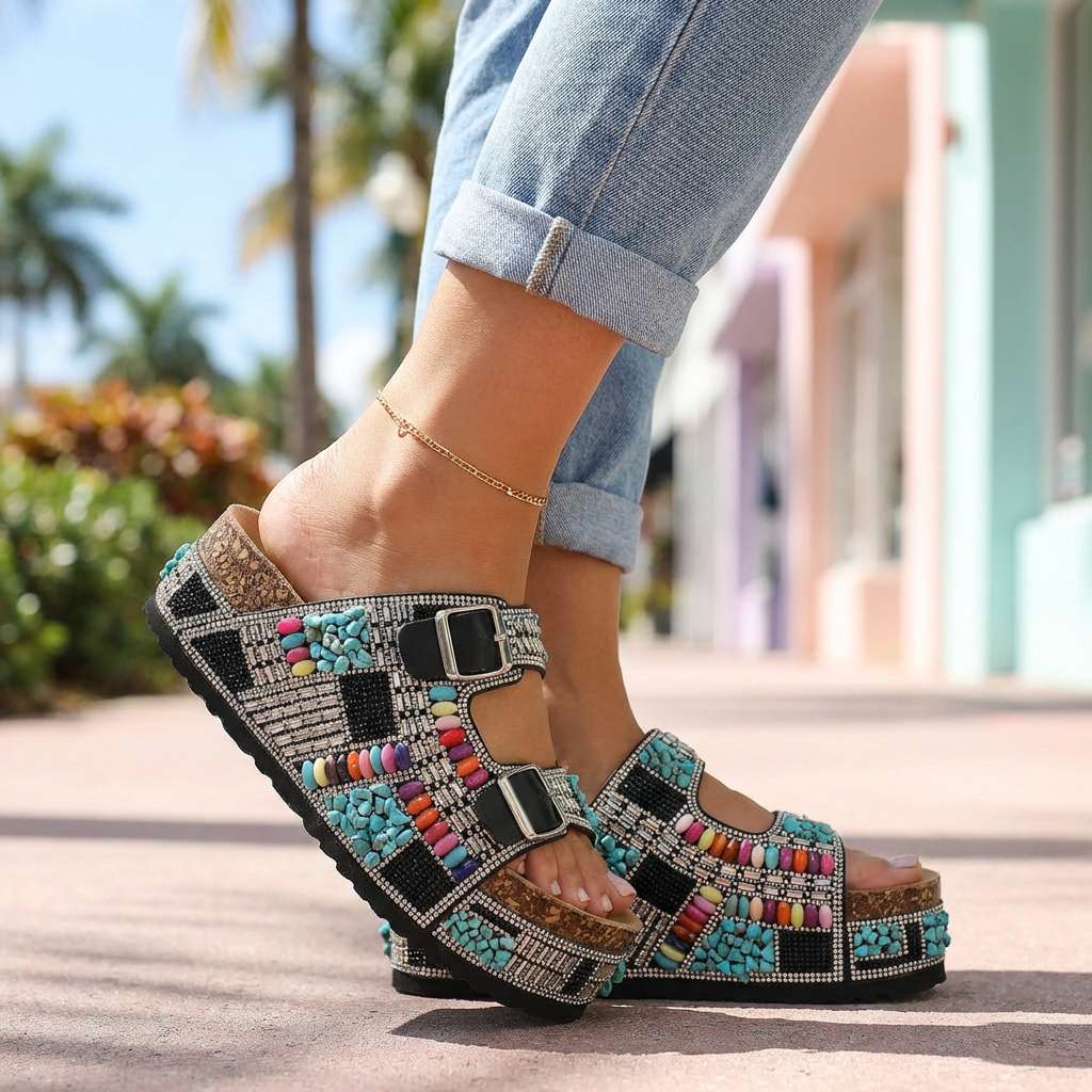 Samantha Beaded Platform Slides - Comfortable Slide