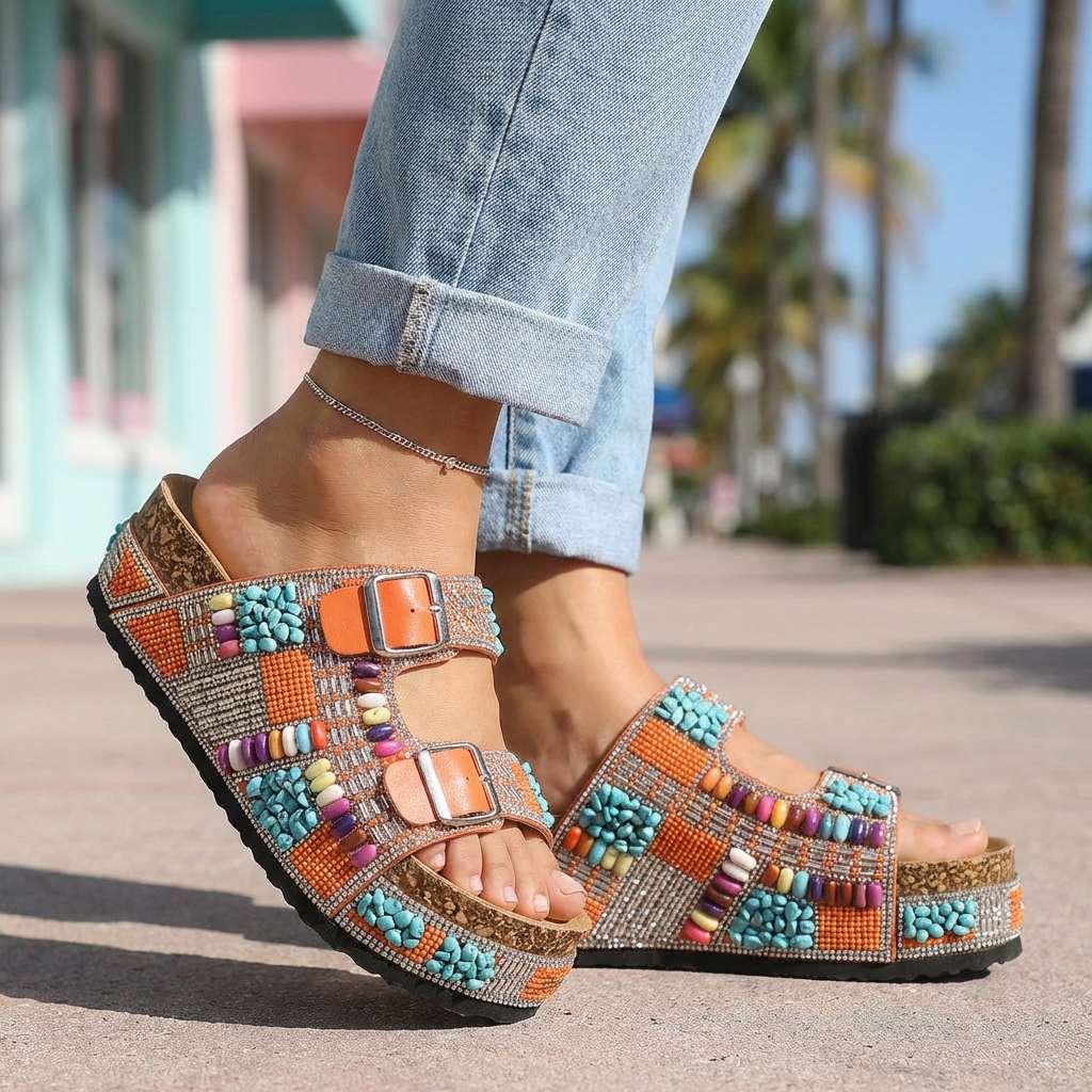 Samantha Beaded Platform Slides - Comfortable Slide
