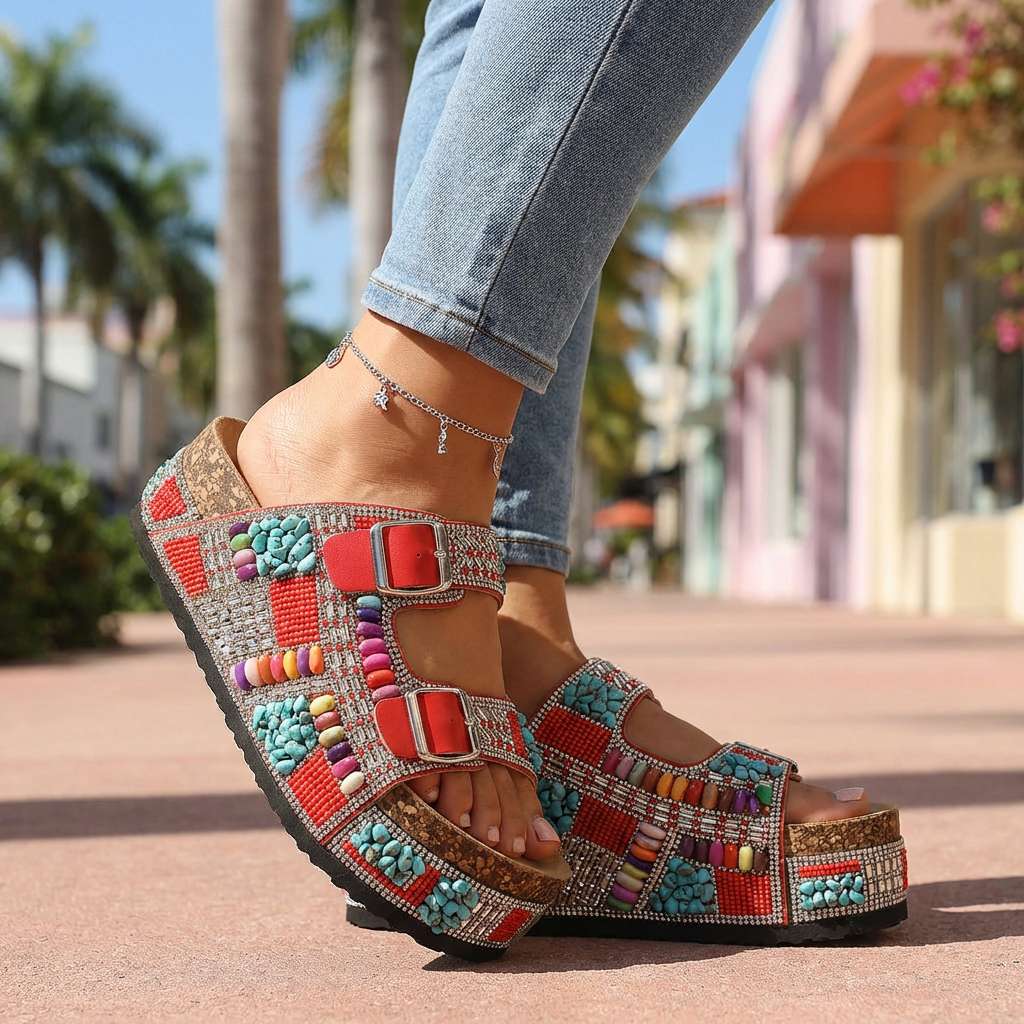 Samantha Beaded Platform Slides - Comfortable Slide