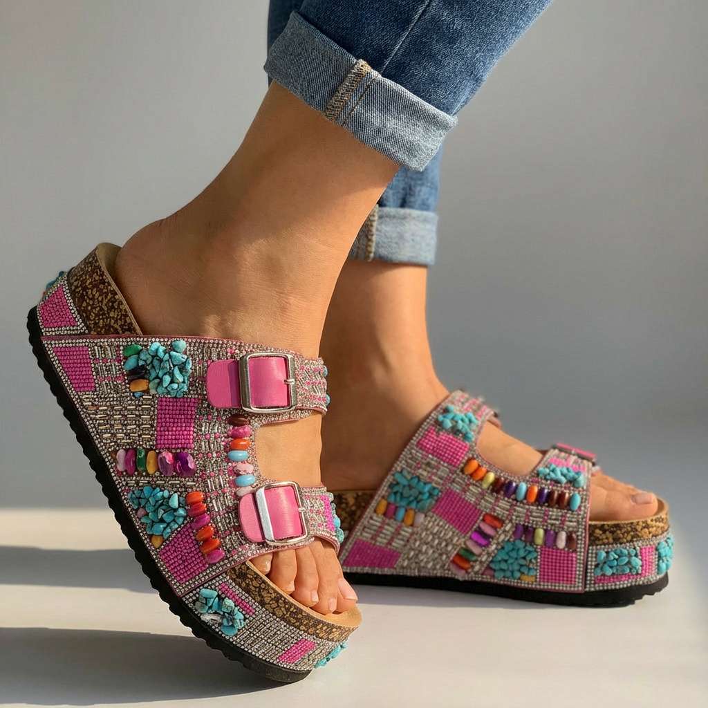 Samantha Beaded Platform Slides - Comfortable Slide