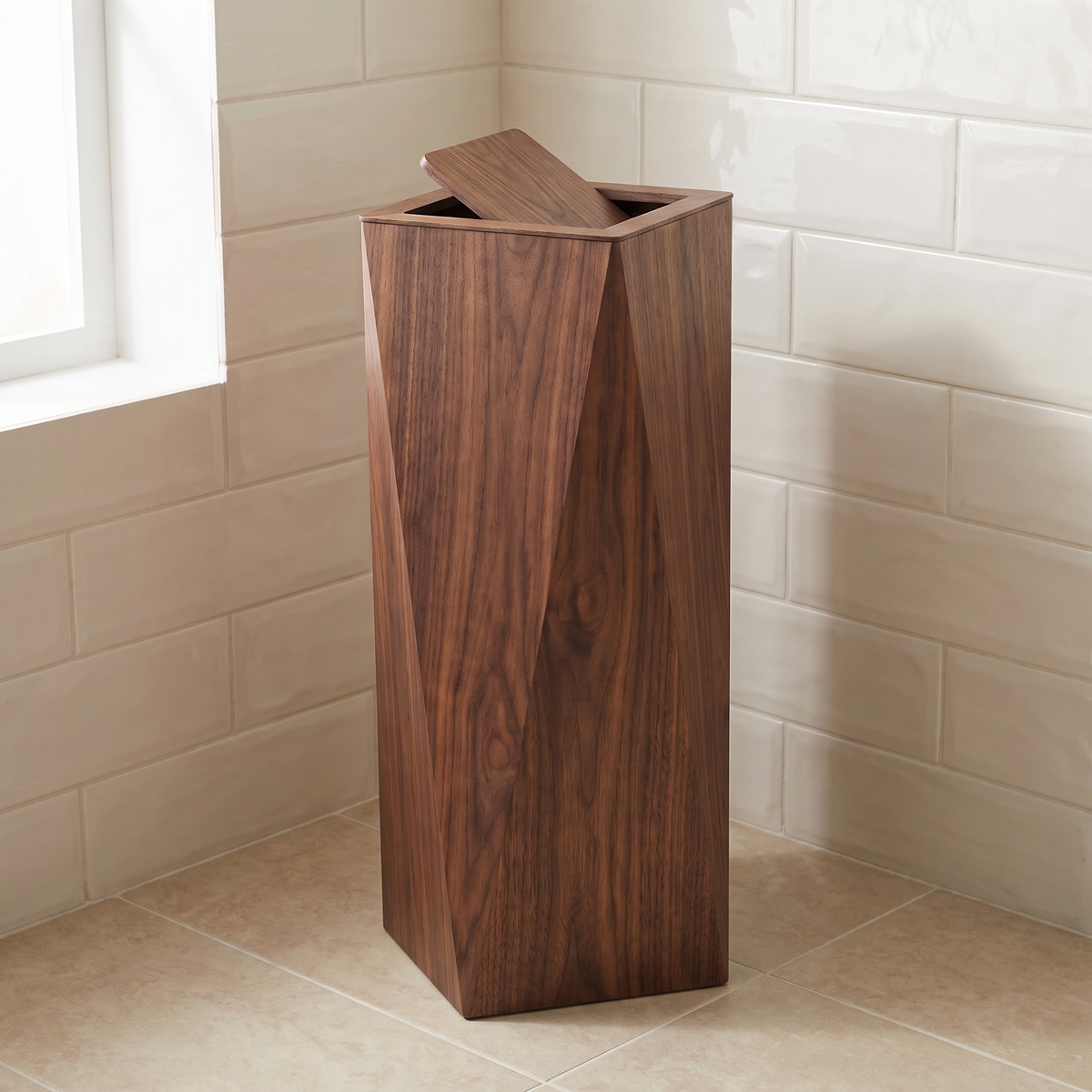 Wood-Grain Trash Can, Tapered Square Wastebasket with Flap Lid
