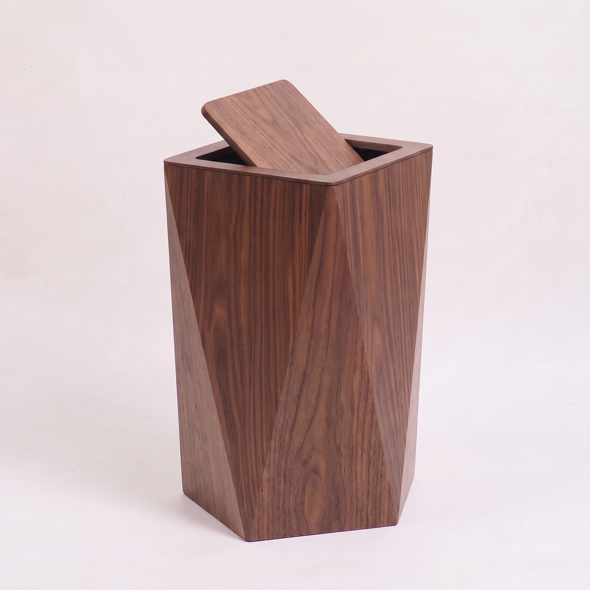 Wood-Grain Trash Can, Tapered Square Wastebasket with Flap Lid