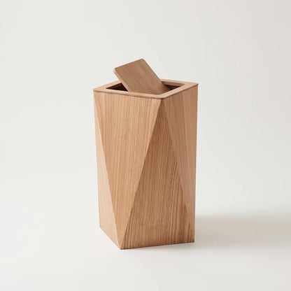 Wood-Grain Trash Can, Tapered Square Wastebasket with Flap Lid