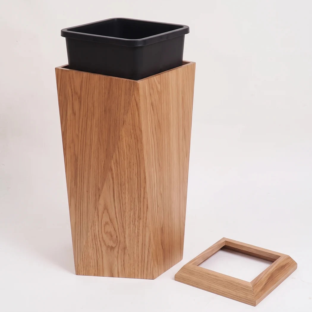 Wood-Grain Trash Can, Tapered Square Wastebasket with Flap Lid